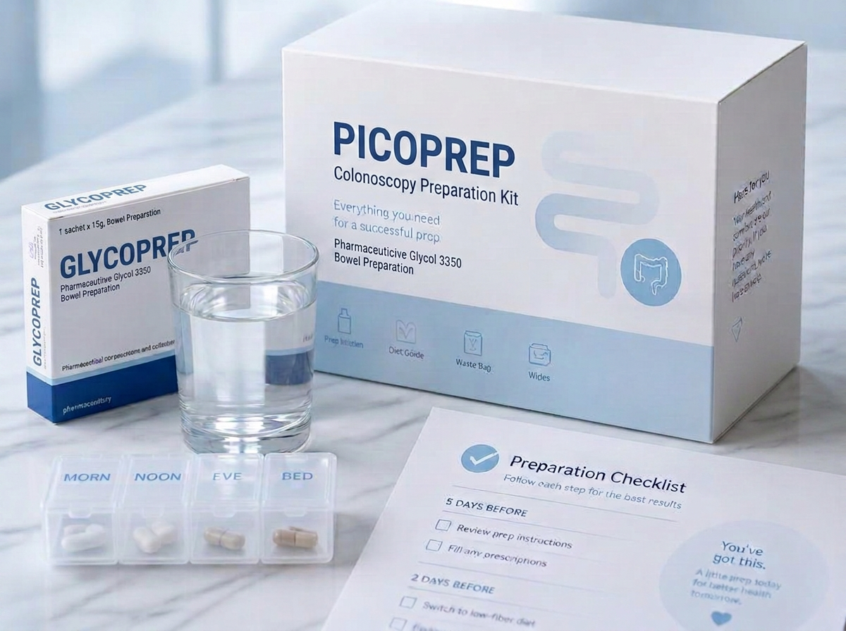 A colonoscopy preparation kit with a PICOPREP box and a GLYCOPREP box, a glass of water, a pill organiser, and a prep checklist on a marble surface